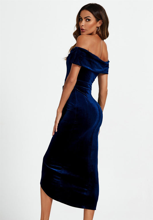 Off Shoulder Velvet Midi Dress In Blue