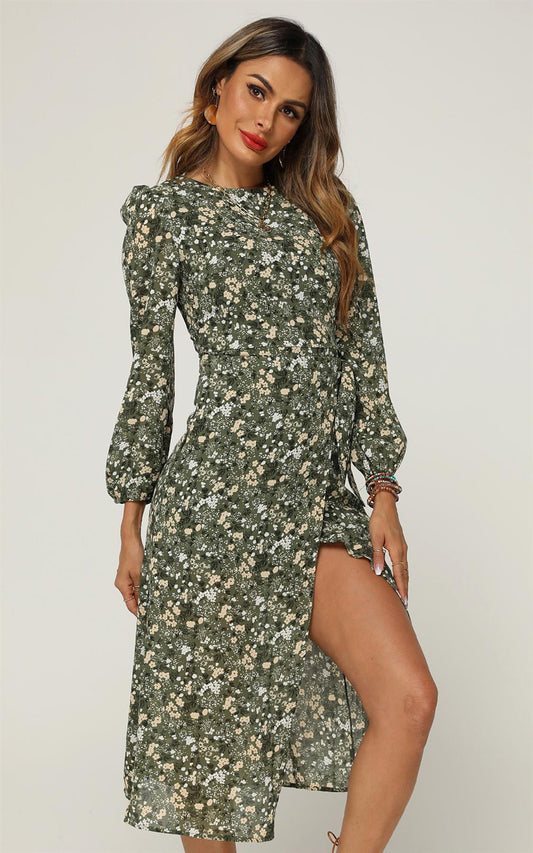 Long Sleeve Split Leg Dress In Green Floral Print