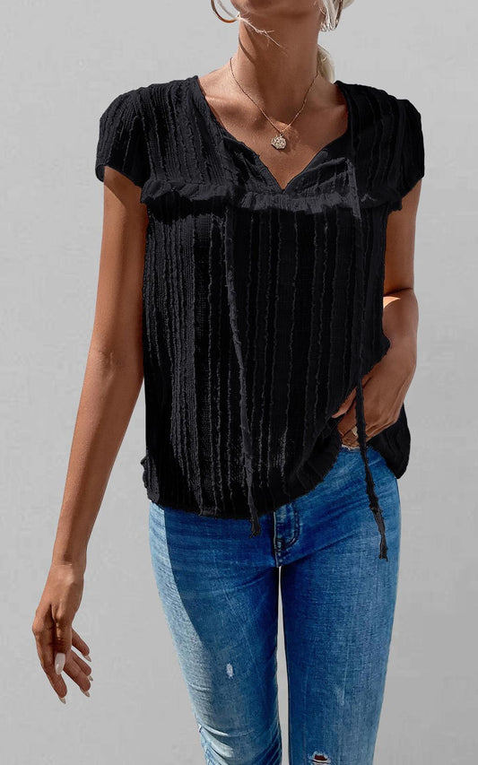 Flocked Tulle Sheer Top In Black