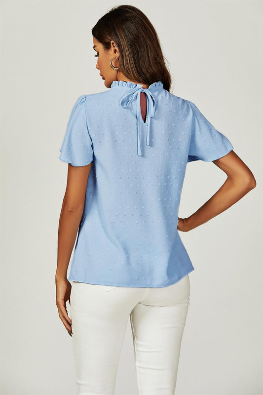 Lace Detail Short Sleeve Blouse Top In Blue