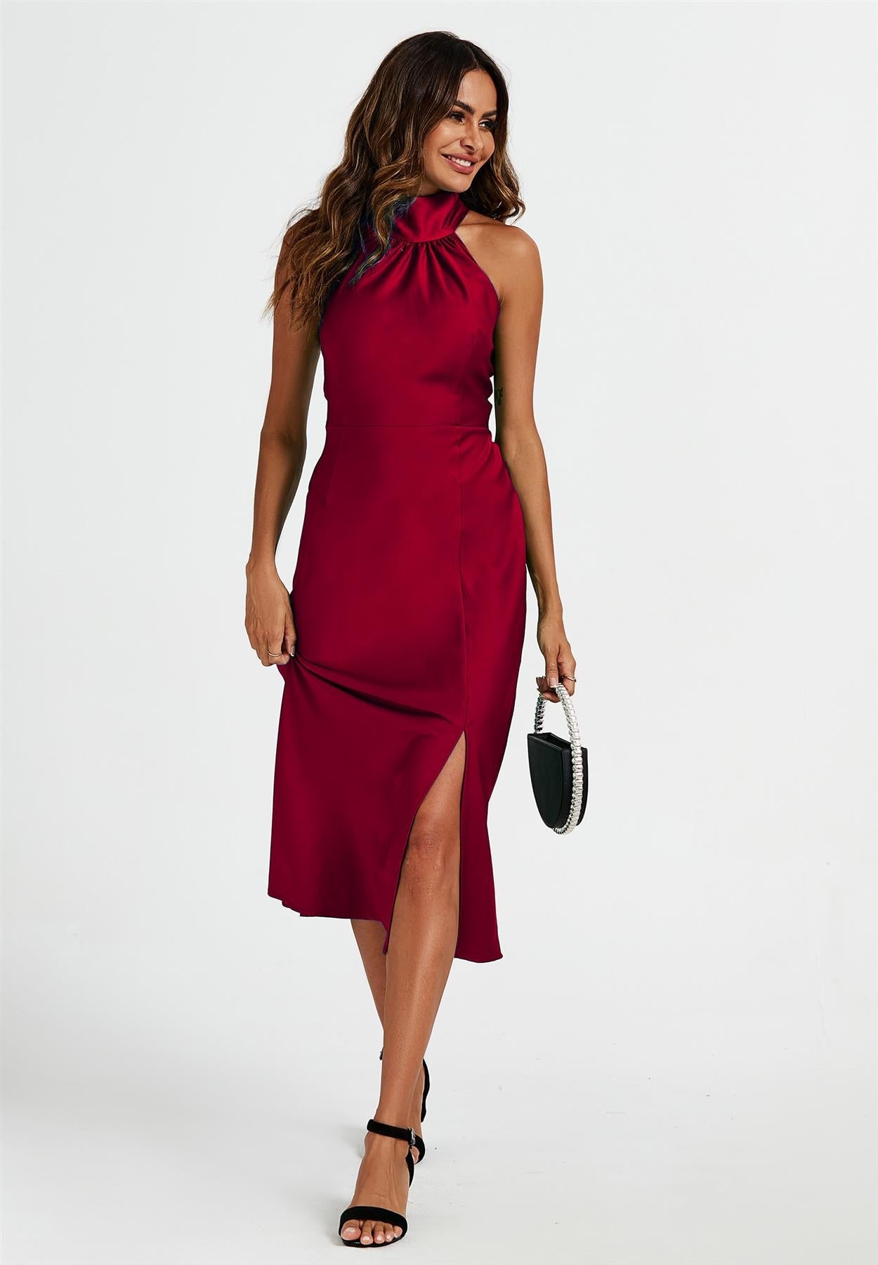 Satin Halter Neck Tie Back Midi Dress In Red