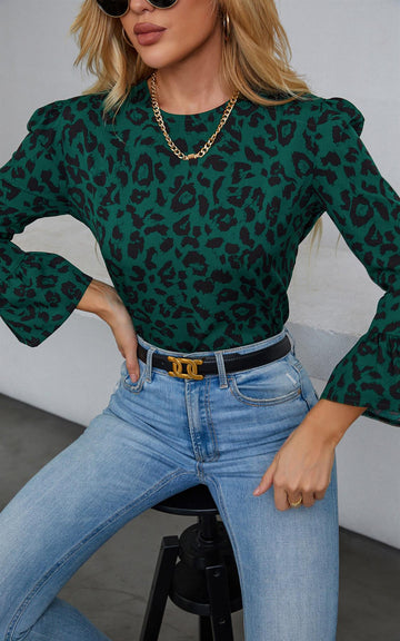 Frill Detail Cuff Top In Green Leopard