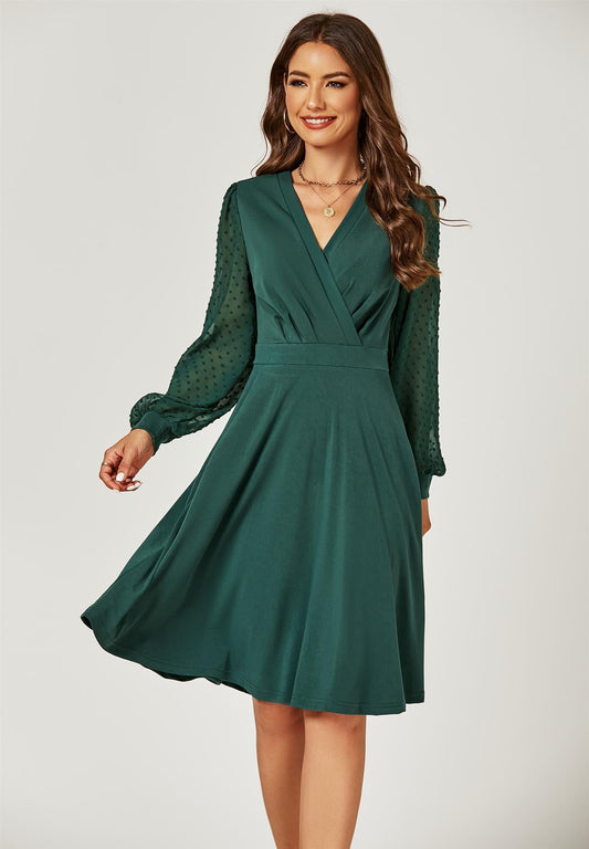 Long Chiffon Sleeve Pleated Midi Dress In Dark Green