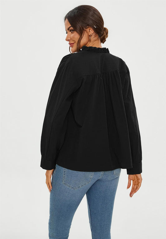 Cotton Frill High Neck Long Sleeve Blouse In Black