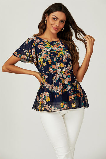 Floral Print Hem Tiered Smock Short Sleeve Blouse Top In Navy