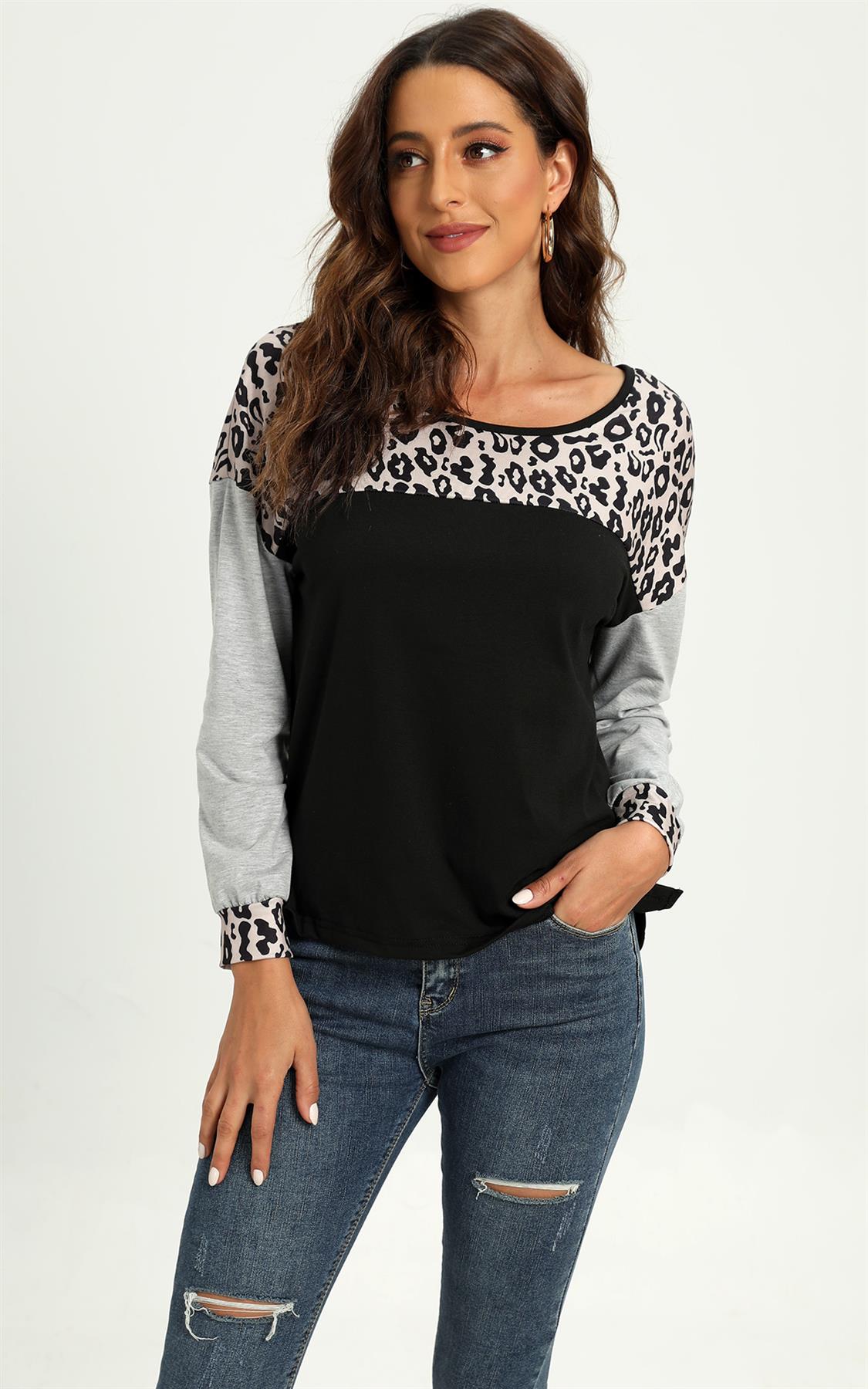 Grey Sleeve & Animal Print Block Top In Black