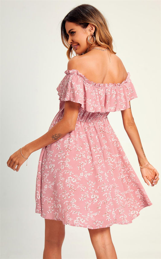 Bardot Frill Mini Dress In Pink Flora Print