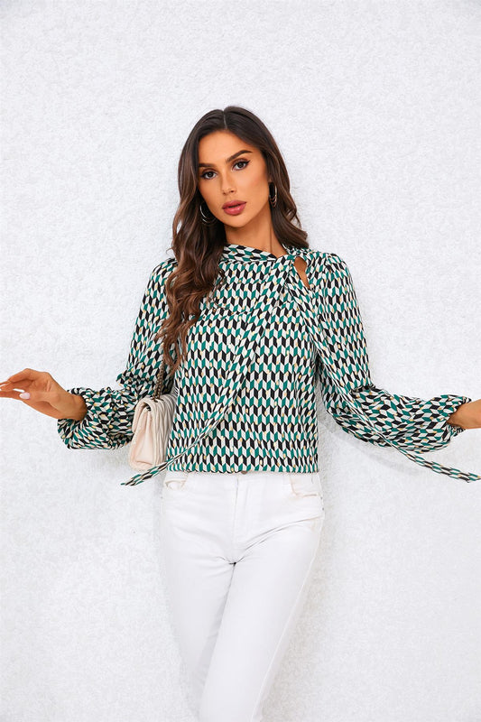 Geo Print Side Tie Blouse Top In Green