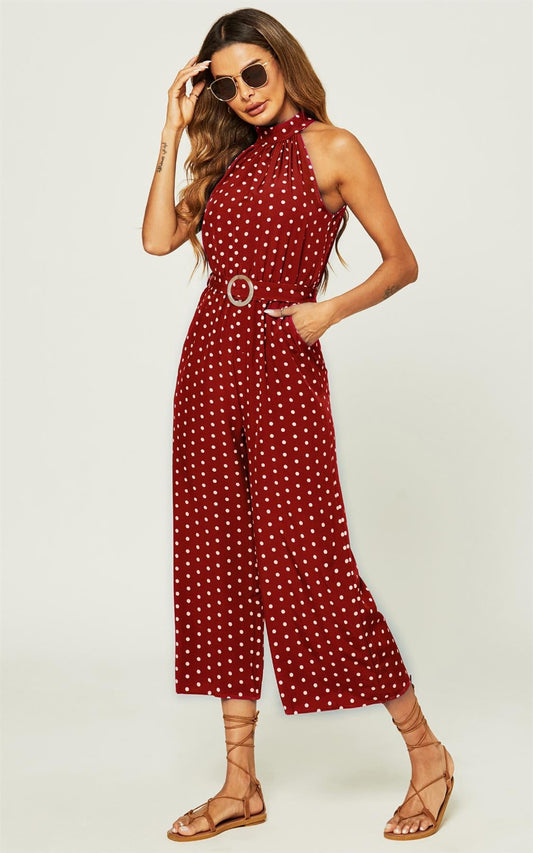 High Neck Jumpsuit In Red Polka Dot