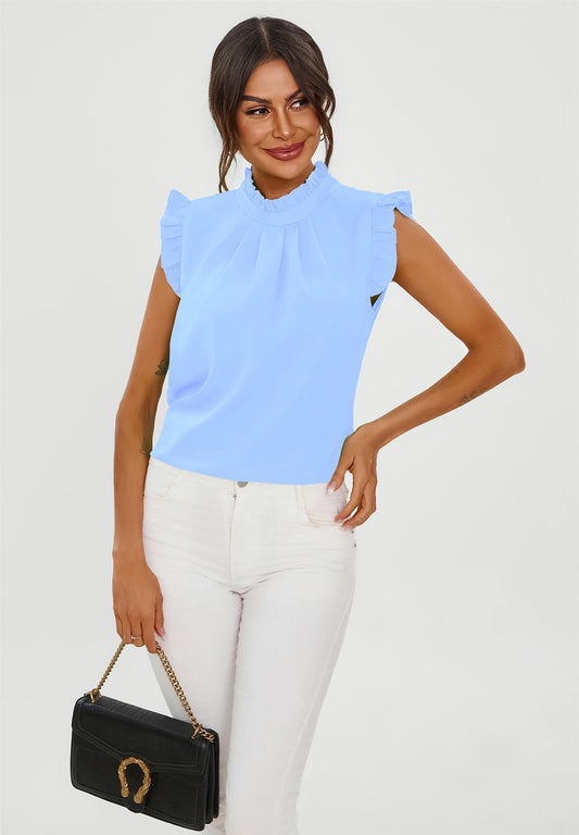 Frill Trim Sleeve High Neck Blouse Top In Light Blue