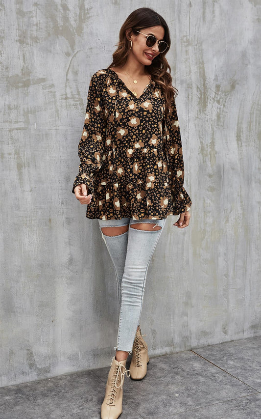 Gold Animal Print Smock Ruffle Top In Black