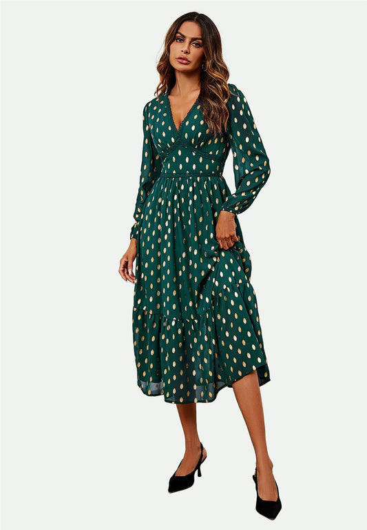 Lace Trim Foil Long Sleeve Maxi Dress In Green