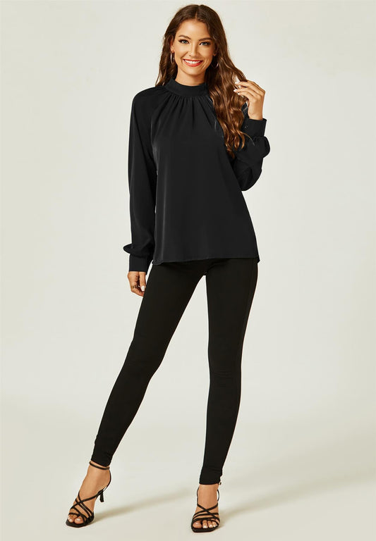 Halter Neck Long Sleeve Blouse Top In Black