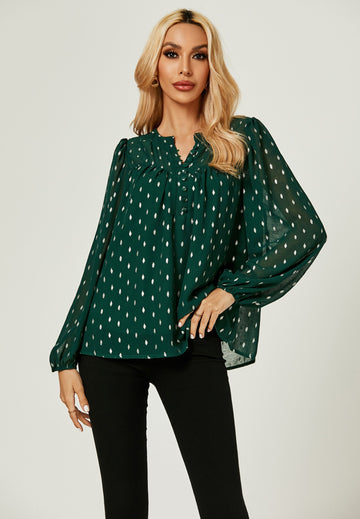 Gold Foil Button Wrinkled Tulle Long sleeve In Dark Green