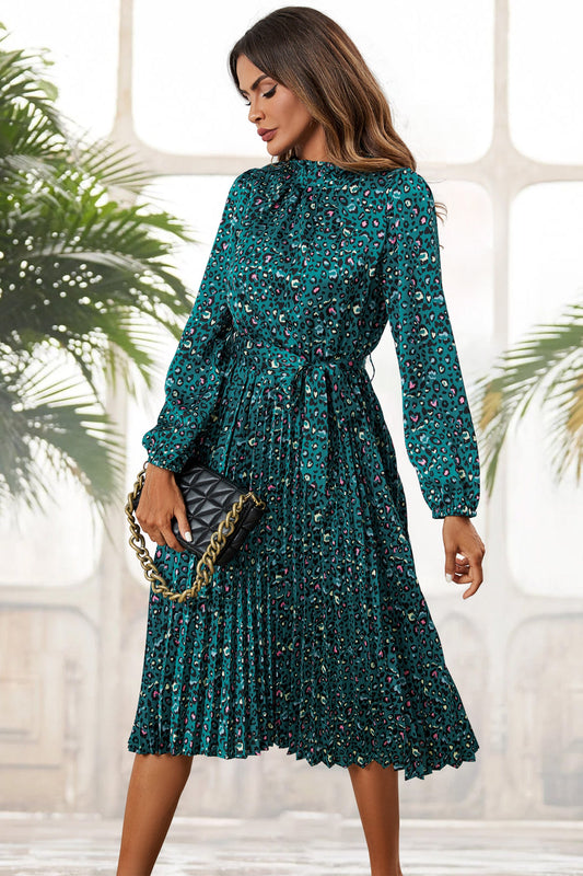 Leopard Print High Neck Long Sleeve Midi Dress In Blue