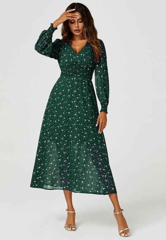 Silver Star Foil Long Sleeve Maxi Dress In Green