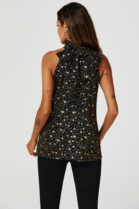 Gold Foil Star Halter Neck Tie Back Top In Black