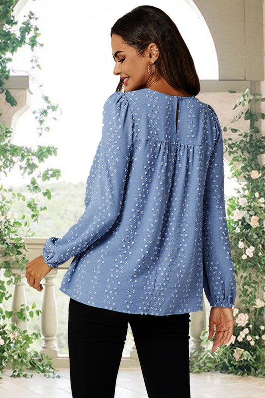 Lace Detail long sleeve Blouse Top In Blue