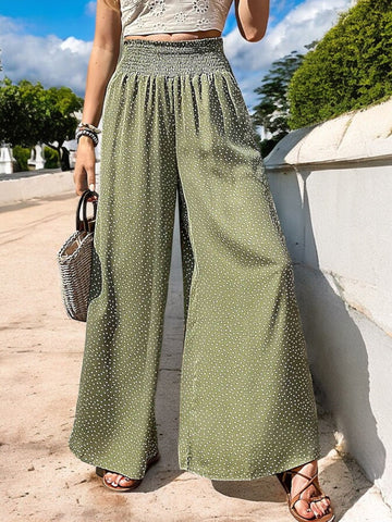 Women's High Waist Polka Dot Wide Leg Pants with Smocked Waistband