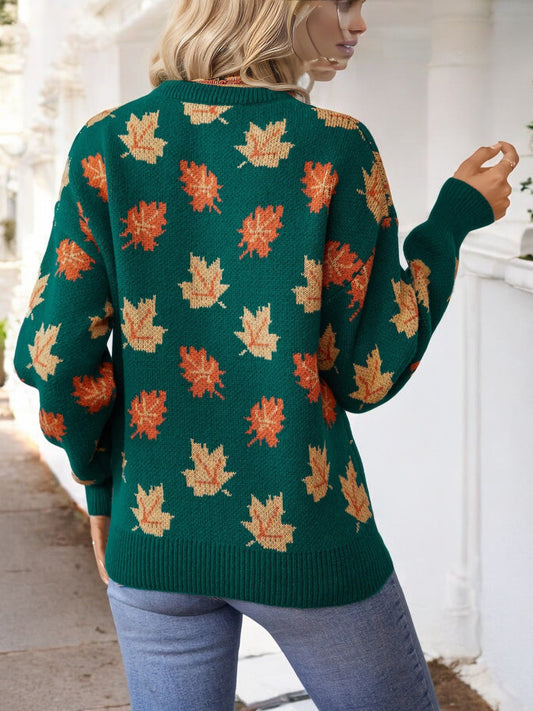 Women's Autumn Leaf Print Crew Neck Knit Sweater with Ribbed Cuffs