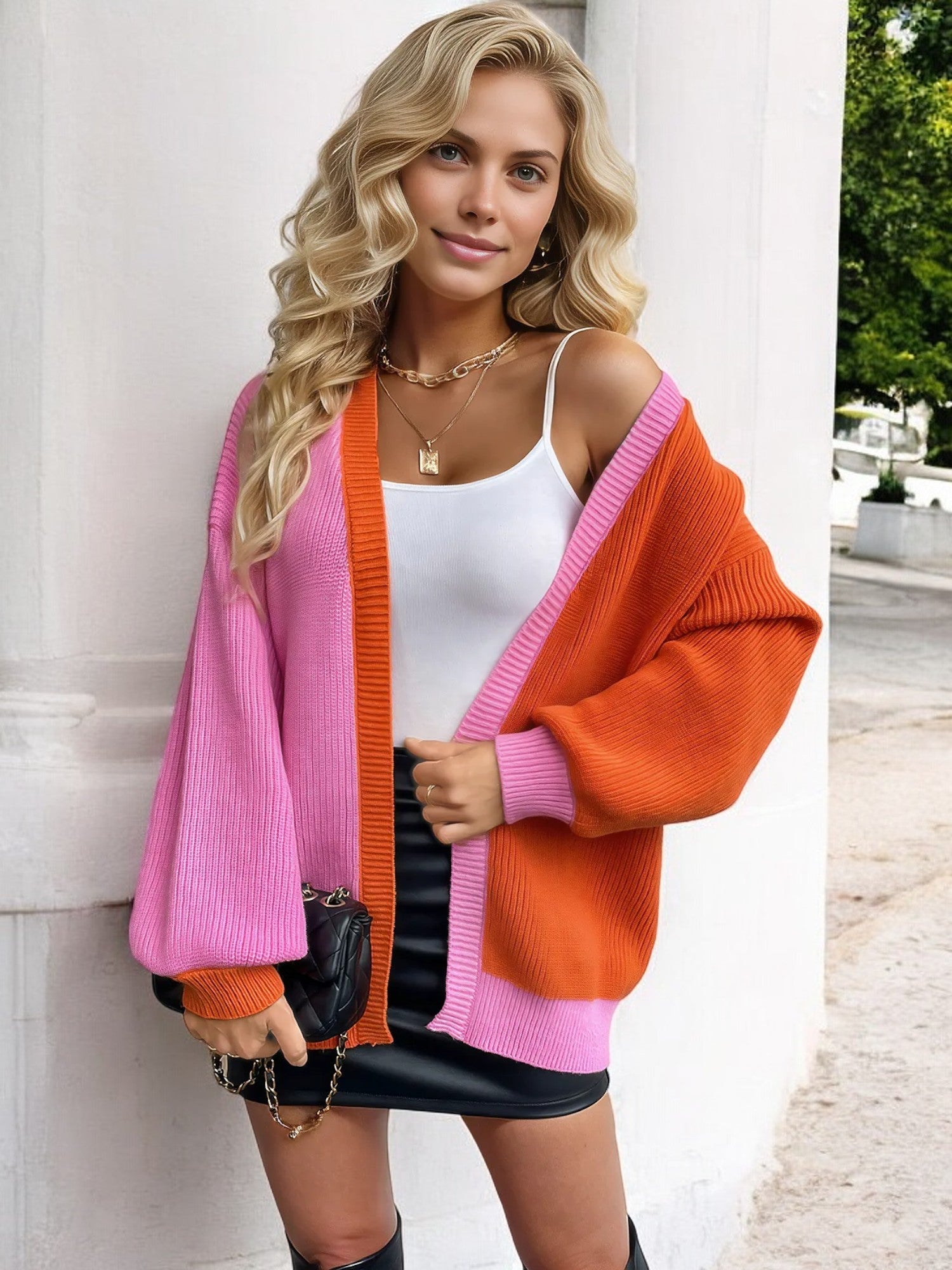 Women's Color Block Open Front Cardigan with Long Sleeves and Oversized Fit