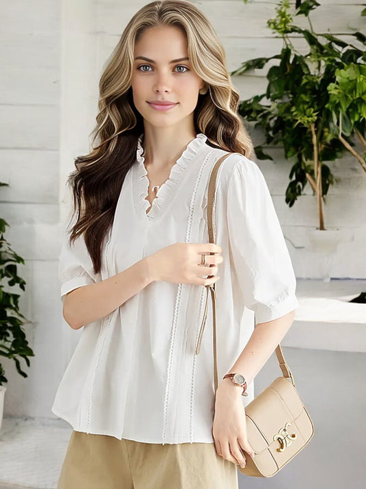 Women's Ruffle Trim V-Neck Blouse with Puff Sleeves and Lace Detailing