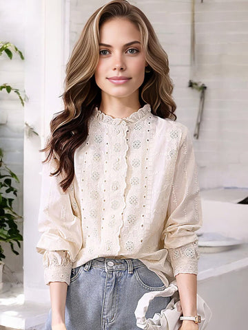 Women's Long Sleeve Eyelet Lace Blouse with Ruffled Neckline and Button Detailing