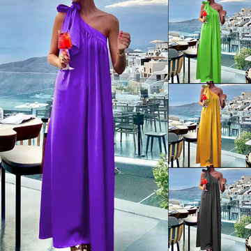 Sleek Sleeveless Asymmetric Neckline Tie-Waist Maxi Dress