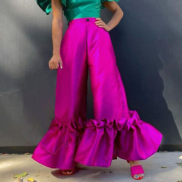 High Waist Flare Leg Ruffle Wide Leg Pants