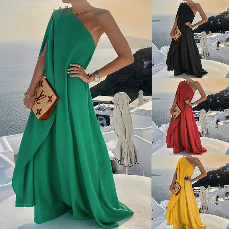 Elegant Solid Color Loose One-Shoulder Maxi Dress