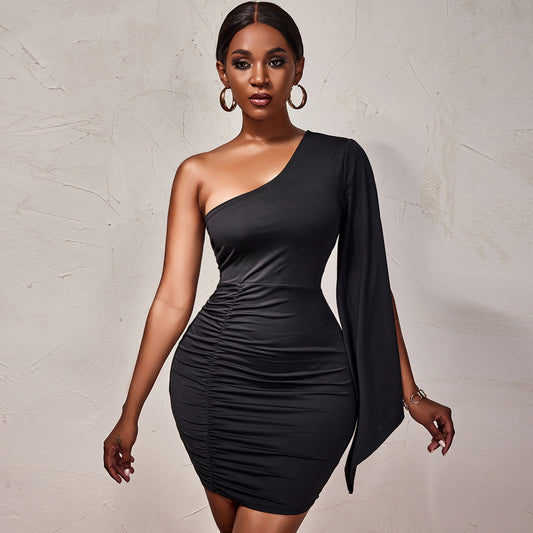 Sensually Asymmetric Off-Shoulder Elegant Pleats Dress