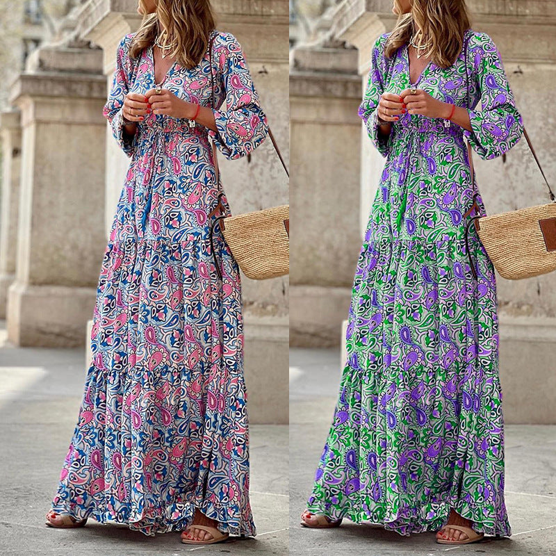 Elegant Bohemian V-Neck Long Sleeve Midi Dress