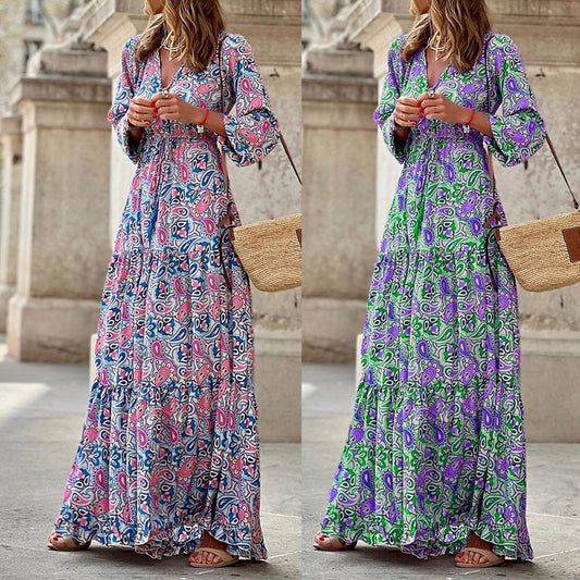 Elegant Bohemian V-Neck Long Sleeve Midi Dress