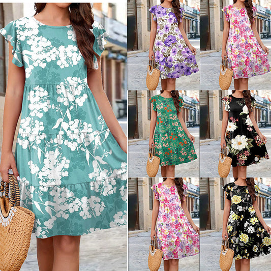 Trendy Knit Floral Cake Flutter Sleeves Dress