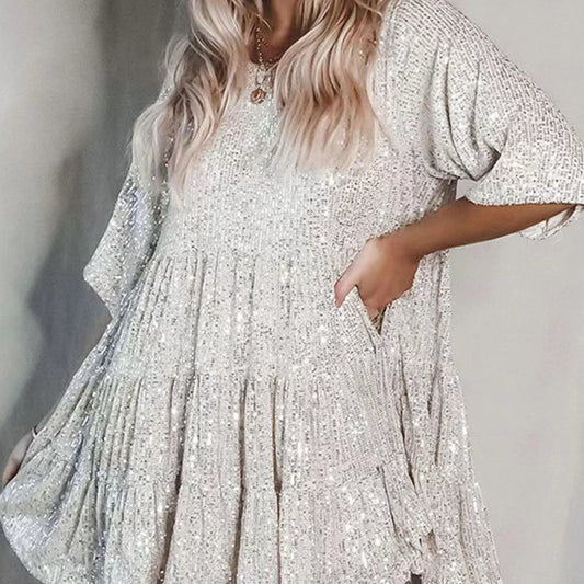 Sparkling Sequined Loose Waist Short Sleeve Swing Dress