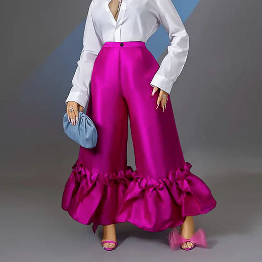 High Waist Flare Leg Ruffle Wide Leg Pants