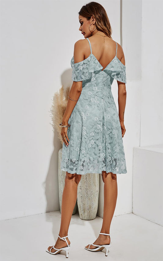 Cold Shoulder Midi Lace Dress In Grey Blue