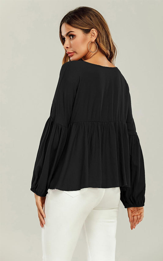 Long Sleeve V Neck Frill Detail Top In Black