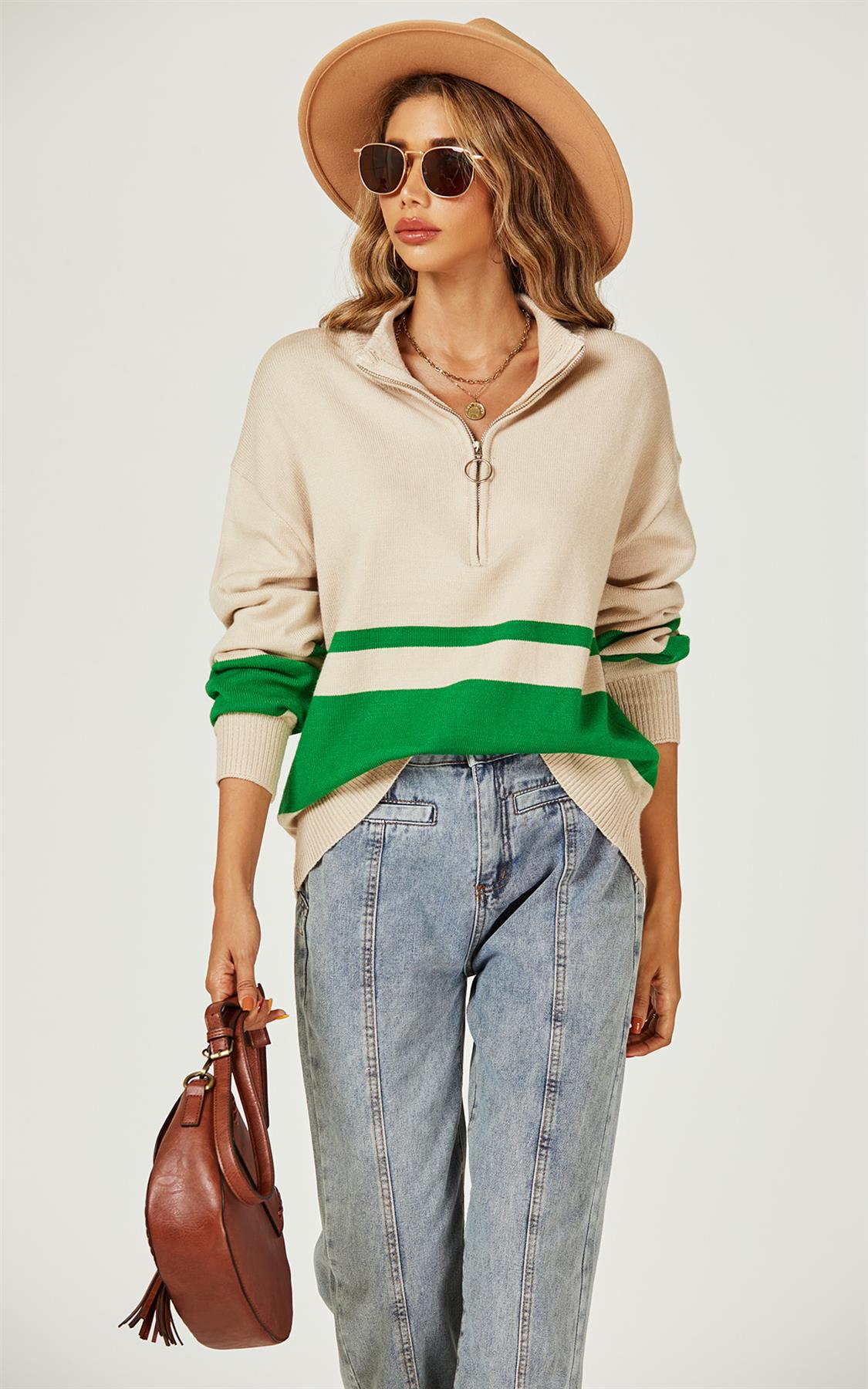 Green Stripe Block Colour 3/4 Zip Cable Knit Jumper In Cream