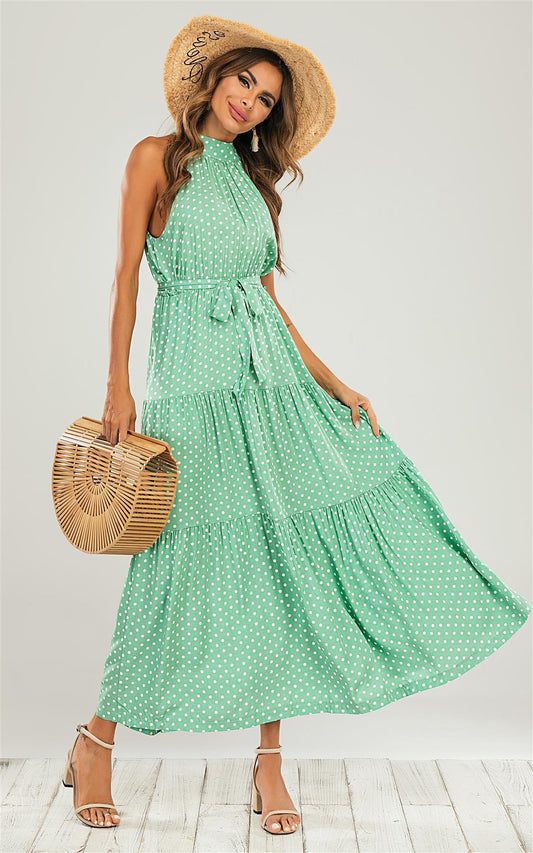 Mint Green Halter Neck White Polka Dot Midi Layer Dress