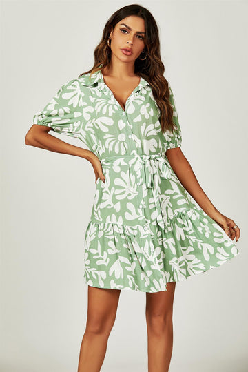 Floral Print Hem Tiered Shirt Mini Dress In Green