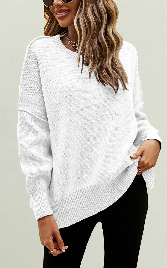 Side Slit Relaxed Knit Jumper Top In White