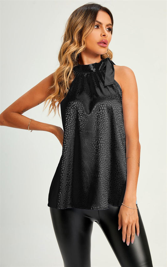 Leopard Print Halter Neck Side Tie Top In Black