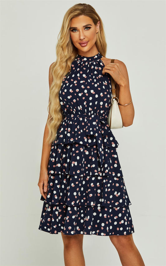 High Neck Back Detail Cold Shoulder Ruffle Mini Dress In Navy Dot Print