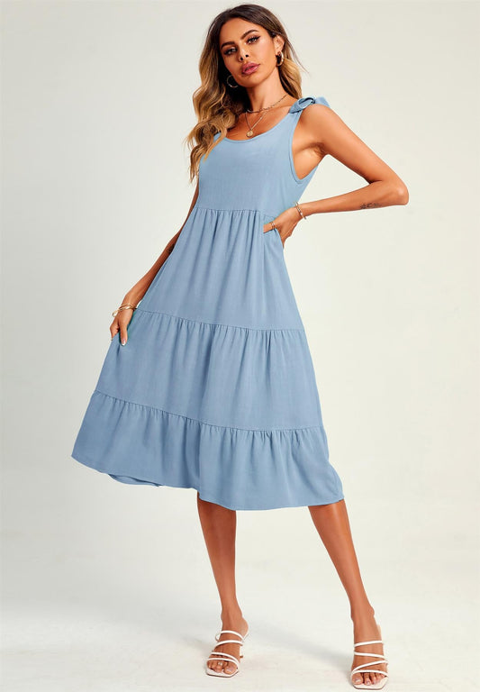 Relaxed Linen Self Tie Shoulder Tiered Midi Dress In Light Blue