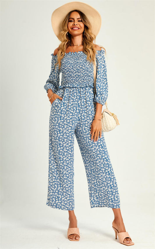 Floral Print Boho Bardot Jumpsuit In Blue