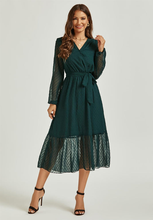 Long Sleeve Wrap Style Tulle Hem Midi Dress In Dark Green