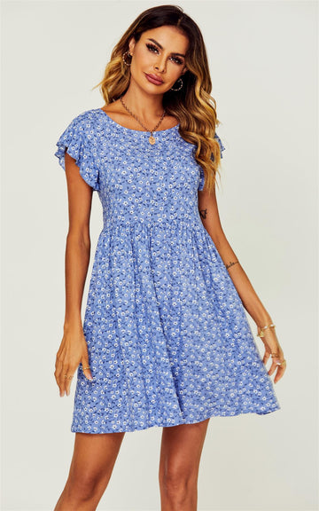 Back Button Through Smock Dress In Blue Flora Print