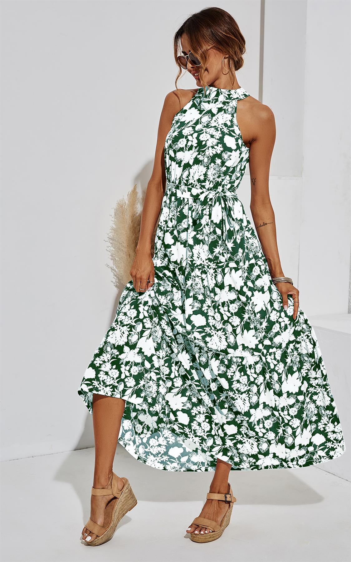 Halter Neck Midi Layer Dress In Green & White Flora Print