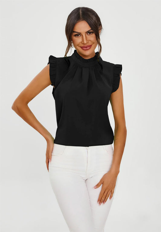 Frill Trim Sleeve High Neck Blouse Top In Black